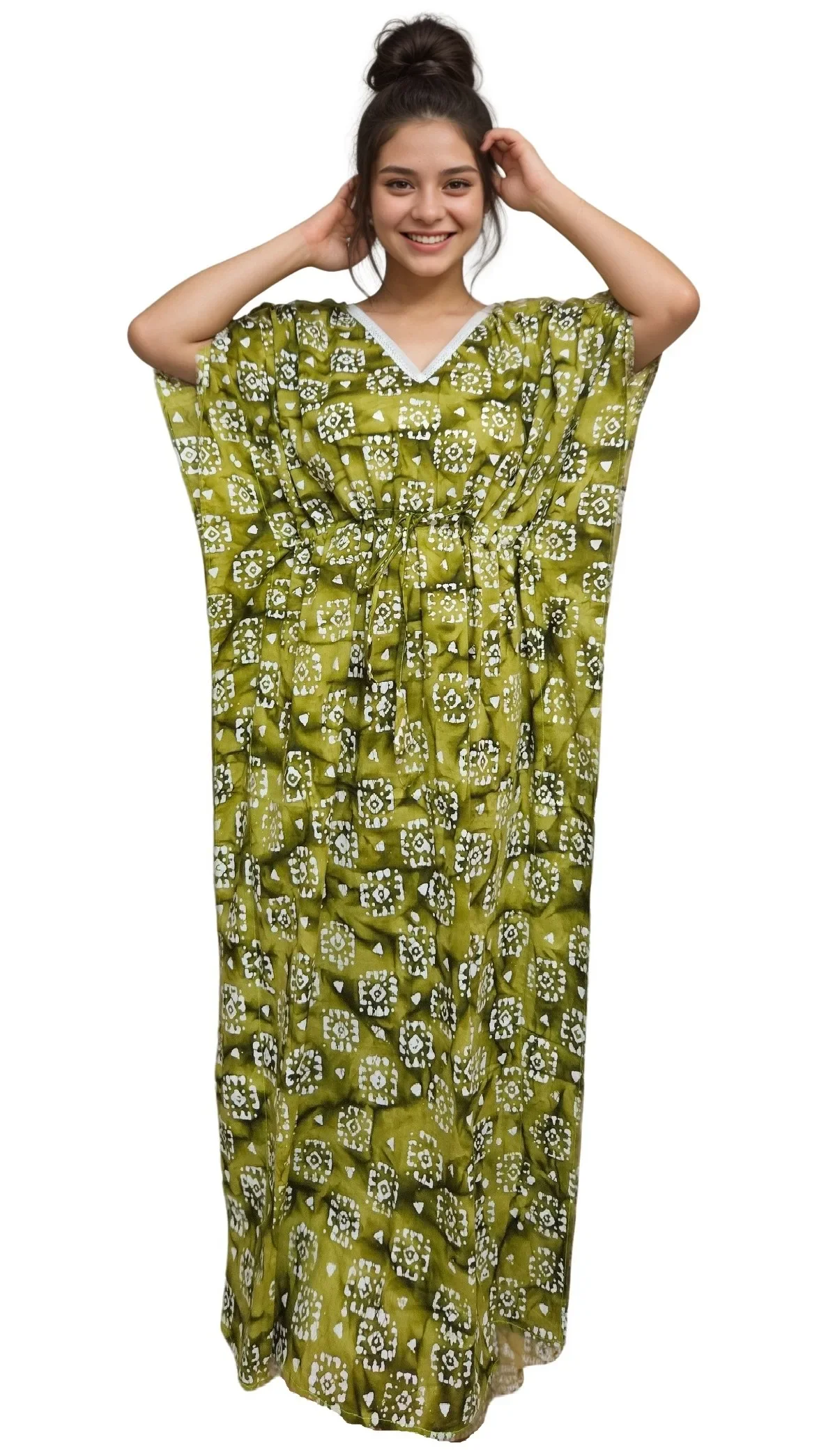 Green Batik Print V Lace Neck Pure Cotton Kaftan