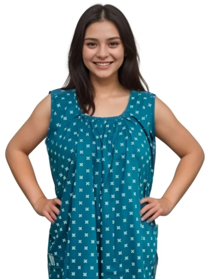 Green Round Neck Printed Straight Cut Nighty