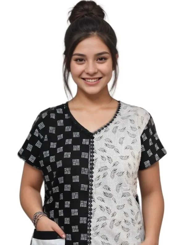 Black White Pure Cotton A-Line Designer Nighty with Pocket | Relaxed Fit — view 1