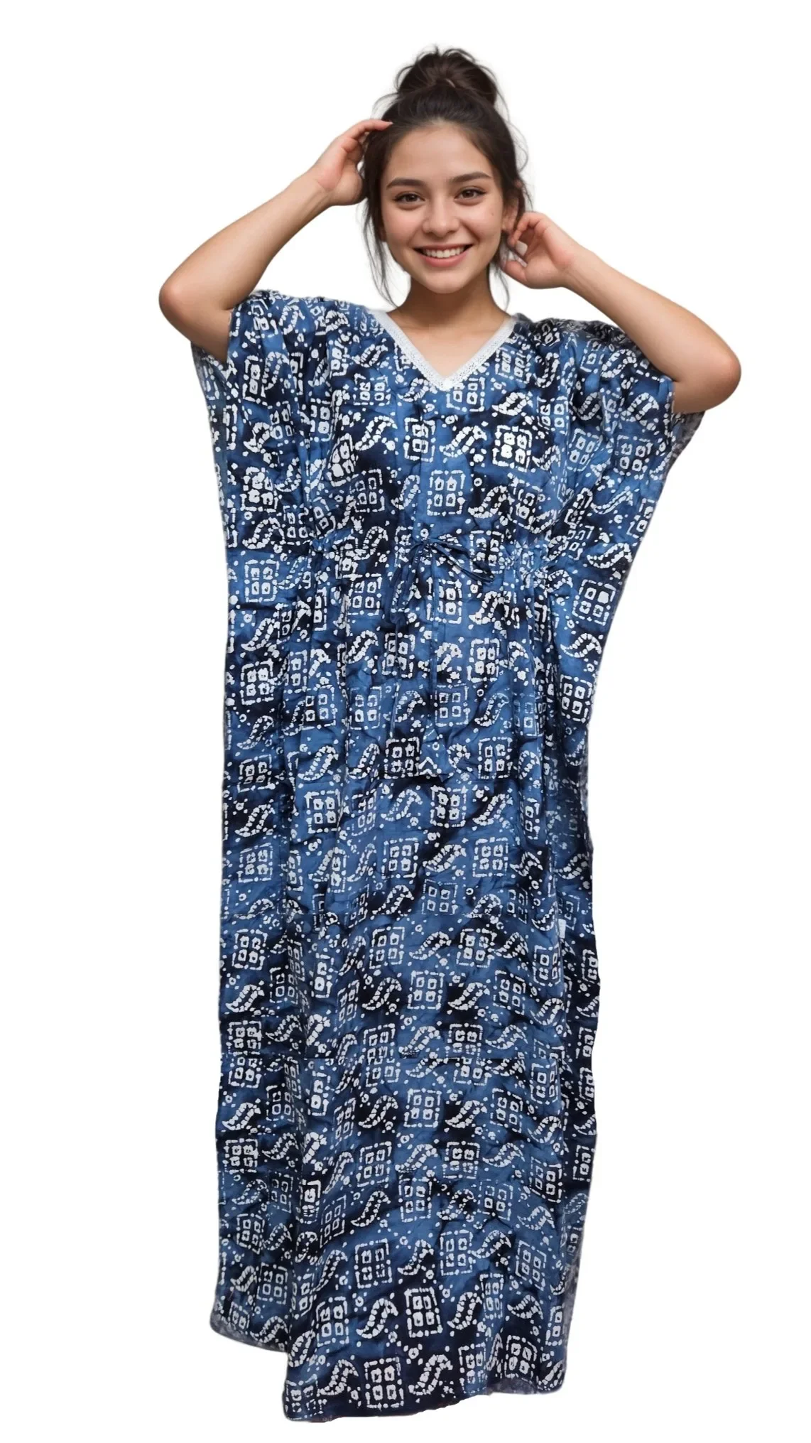 Navy Blue Batik Print V Lace Neck Pure Cotton Kaftan