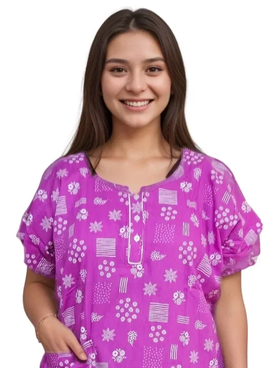 Pink Pure Cotton A-Line Nighty with Pocket