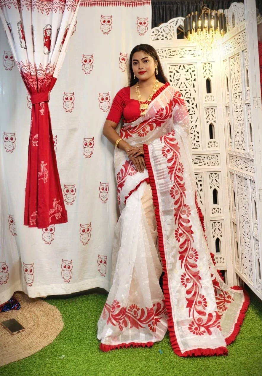 Alpona Print Soft Jamdani Saree With Rafel