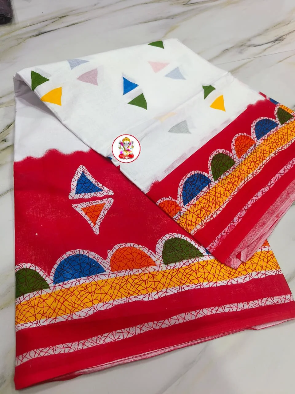 White Red Cotton Saree With Mom Polish