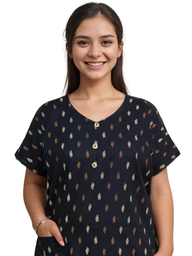 Black A-Line Pure Cotton Nighty with Pocket | Relaxed Fit