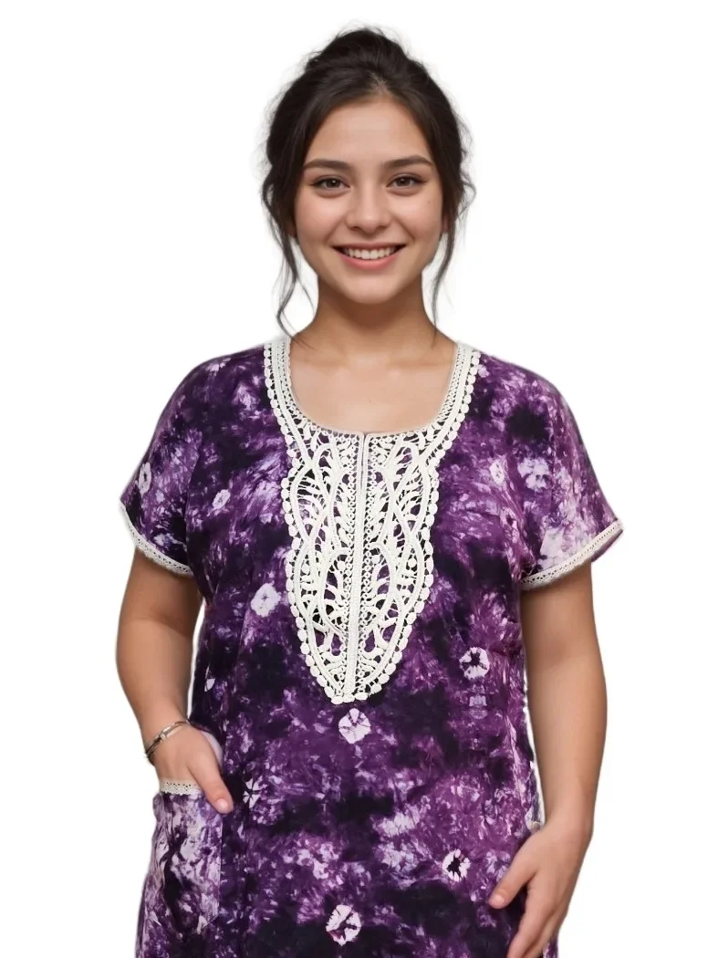 Violet Real Bandhni Batik Pure Cotton A-Line Designer Nighty with Lace and Pocket — view 1