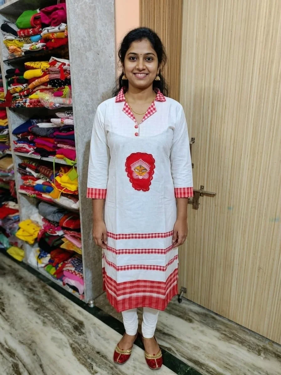 Durga Puja Special Red and White Dress — view 1