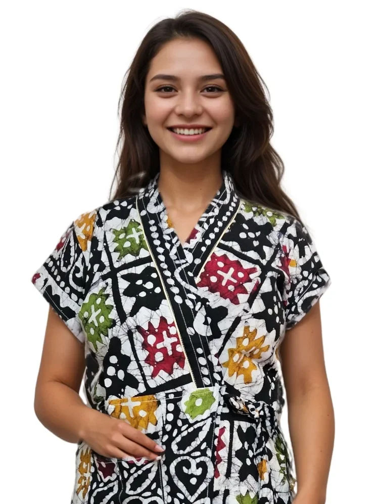 Black & White Multicoloured Pure Cotton Minakari Housecoat