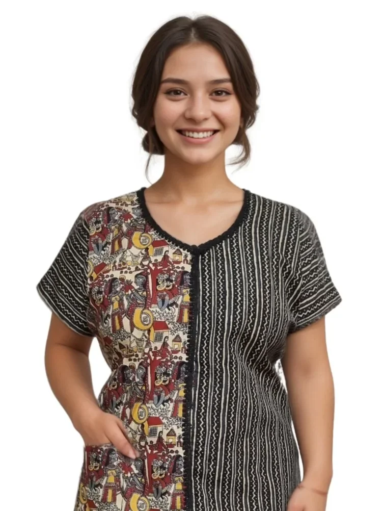 Black & Red Half & Half Blended Cotton A-Line Designer Nighty