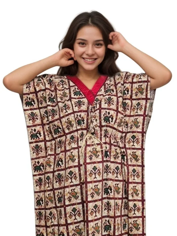 Beige Patola Print V Red Neck Pure Cotton Kaftan (With Picot-trim)