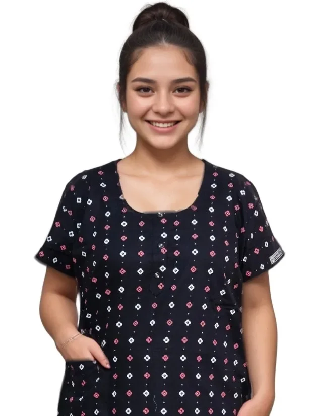 Dark Navy Blue Floral Print Pure Cotton A-Line Nighty with Pocket