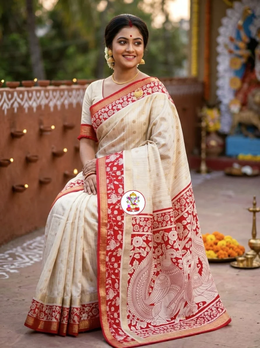 Softy Dola Silk With Contrast Red Madhuboni Printed With Contrast Blouse Piece | Sidur Khela Collection