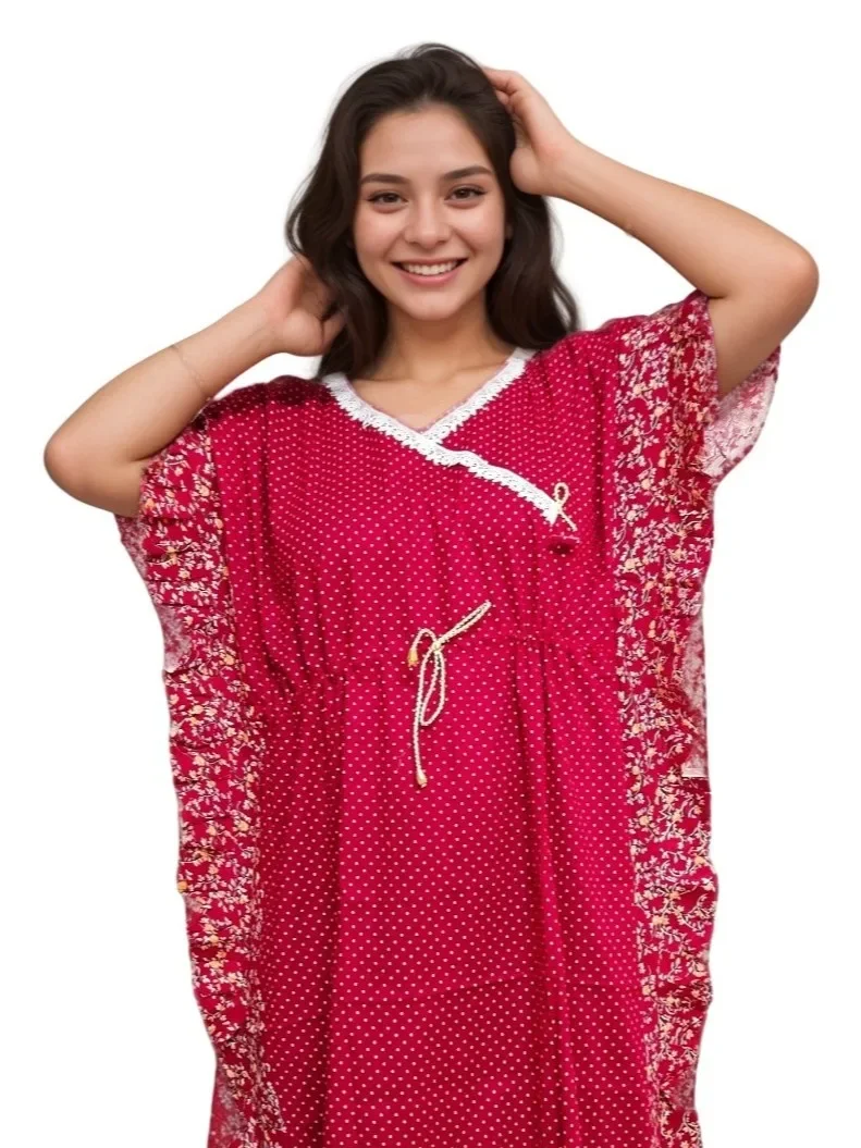 Red Polka Dot Print Lace Neck Pure Cotton Kaftan (With Side Frills)