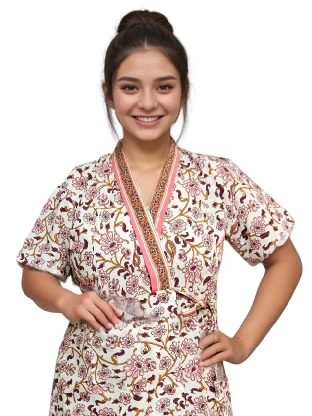 Peach & White Floral Print Pure Jaipuri Cotton Housecoat