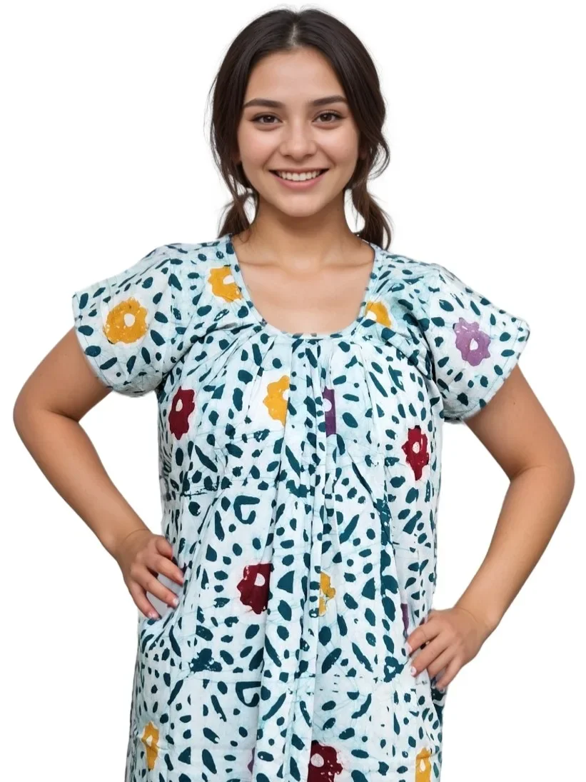 Light Blue Minakari Batik Round Neck 100% Pure Cotton Nighty