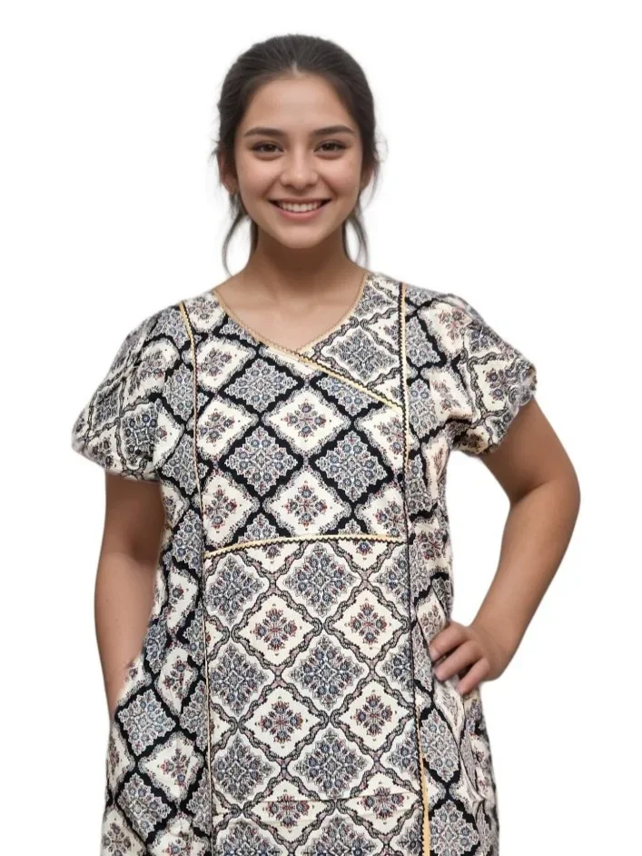 Beige and Navy Blue Printed Designer Pure Cotton — view 1