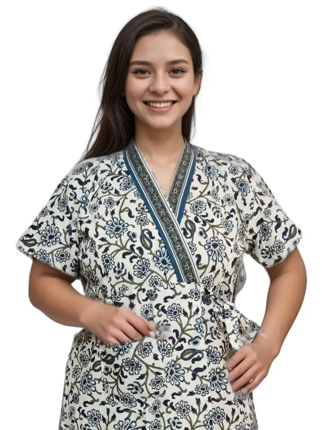 Blue & White Floral Print Pure Jaipuri Cotton Housecoat |