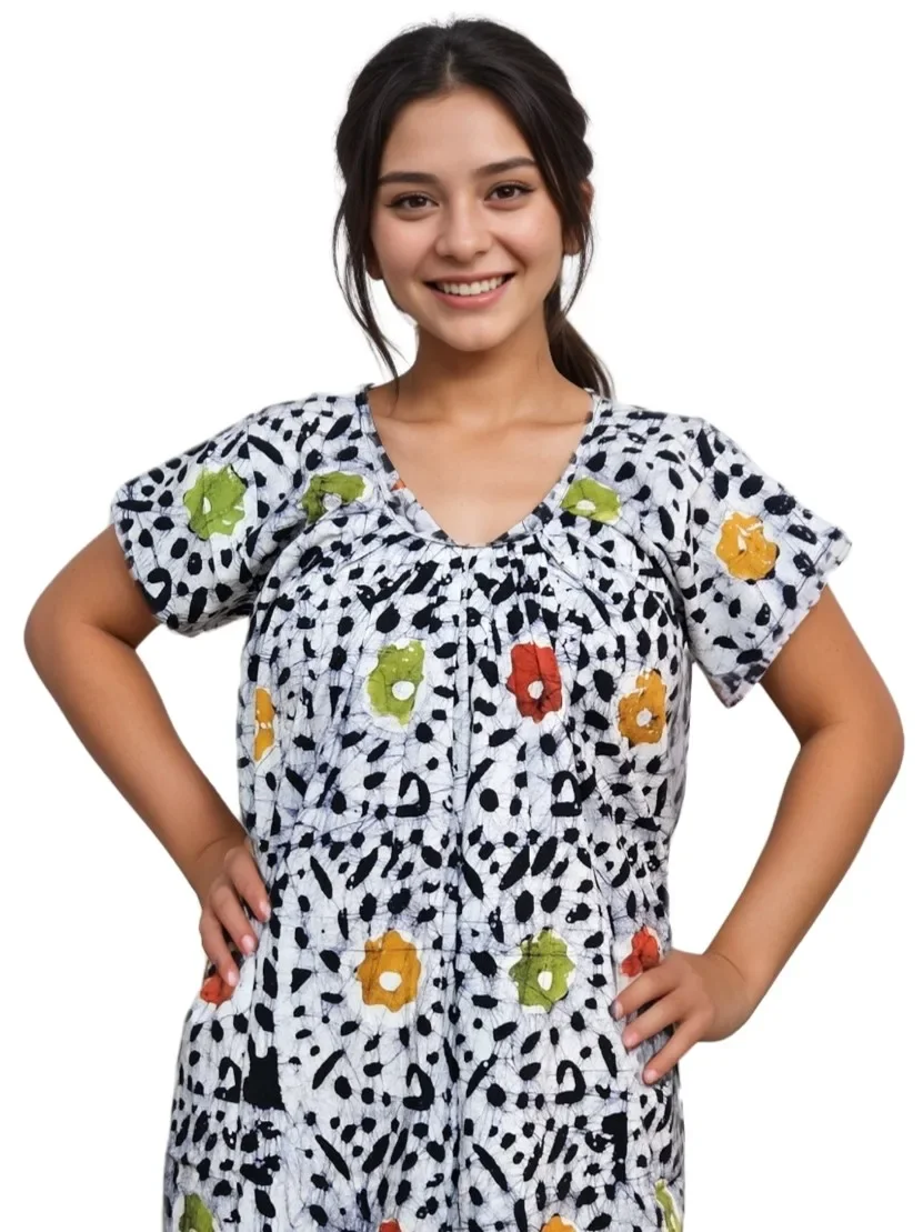 White Minakari Batik Round Neck 100% Pure Cotton Nighty