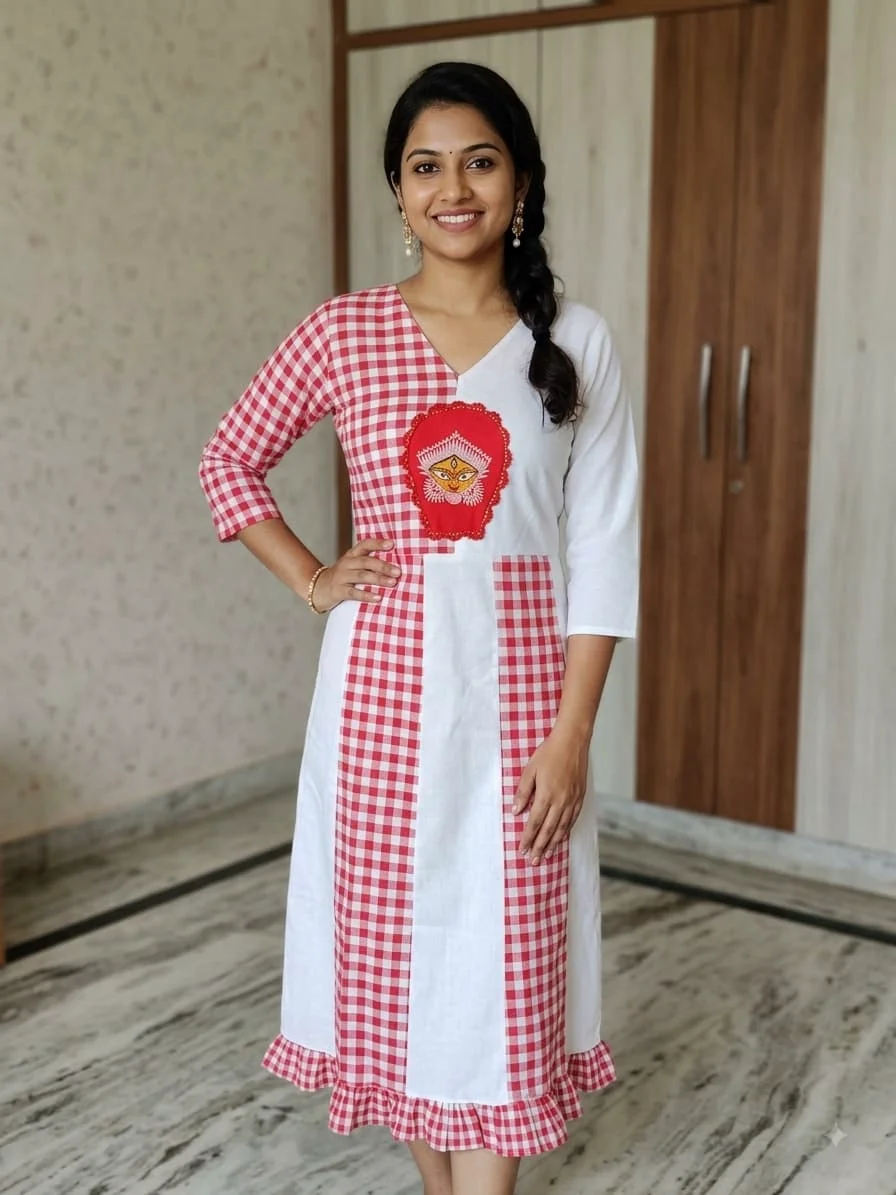 Durga Puja Special Red and White Dress with Durga Embroidery — view 1