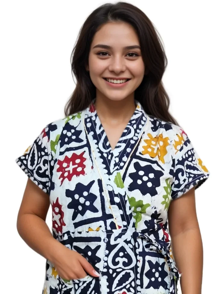 Dark Blue & White Multicoloured Pure Cotton Minakari Housecoat